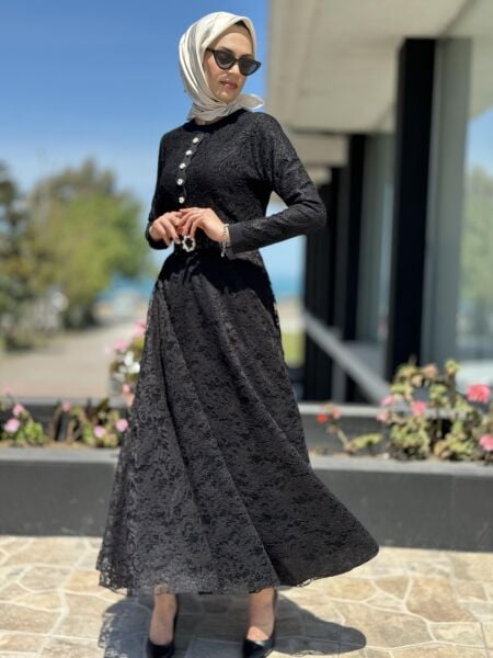 Jamila Sarah Dantelli Tesettür Abiye Elbise 3017