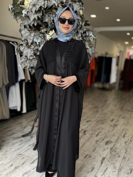 Almarwah Boncuk İşlemeli File Detaylı Şifon Abaya Kap 90509