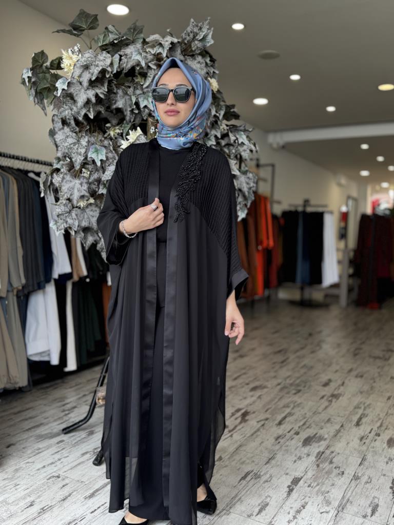 Almarwah Boncuk İşlemeli File Detaylı Şifon Abaya Kap 90509