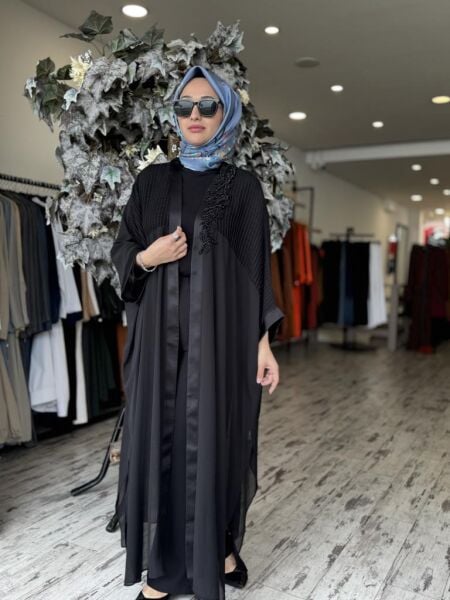 Almarwah Boncuk İşlemeli File Detaylı Şifon Abaya Kap 90509