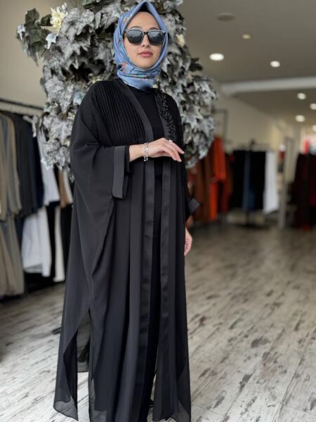 Almarwah Boncuk İşlemeli File Detaylı Şifon Abaya Kap 90509