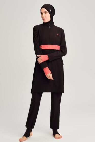 Haşema Esila Monogram Turuncu Şerit Tam Tesettür Tek Mayo Üstü HSM2934 SİYAH FUŞYA - XS