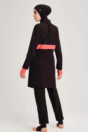 Haşema Esila Monogram Turuncu Şerit Tam Tesettür Tek Mayo Üstü HSM2934 SİYAH FUŞYA - XS