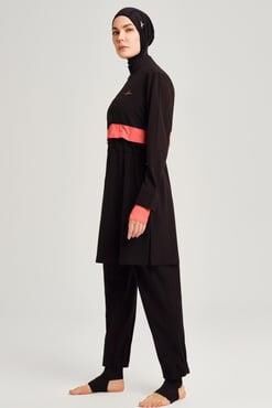 Haşema Esila Monogram Turuncu Şerit Tam Tesettür Tek Mayo Üstü HSM2934 SİYAH FUŞYA - XS