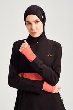 Haşema Esila Monogram Turuncu Şerit Tam Tesettür Tek Mayo Üstü HSM2934 SİYAH FUŞYA - XS