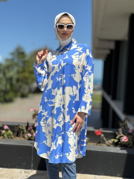 Almarwah Desenli Maxi Gömlek 101968 MAVİ - 1