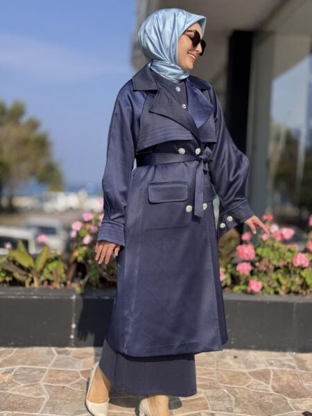 Vuu Süs Dikişli Lacivert Trenchkot