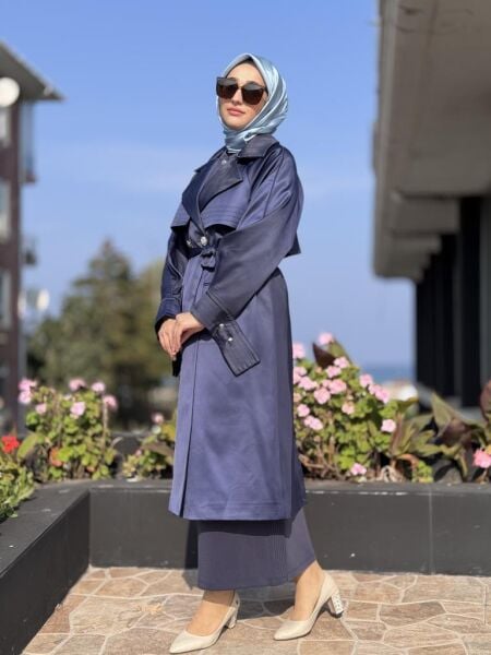 Vuu Süs Dikişli Lacivert Trenchkot