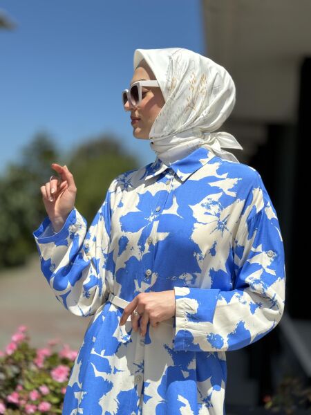 Almarwah Desenli Maxi Gömlek 101968 MAVİ - 2