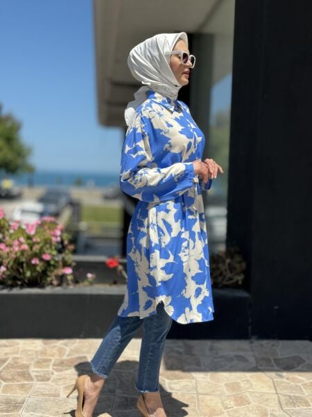 Almarwah Desenli Maxi Gömlek 101968 MAVİ - 3