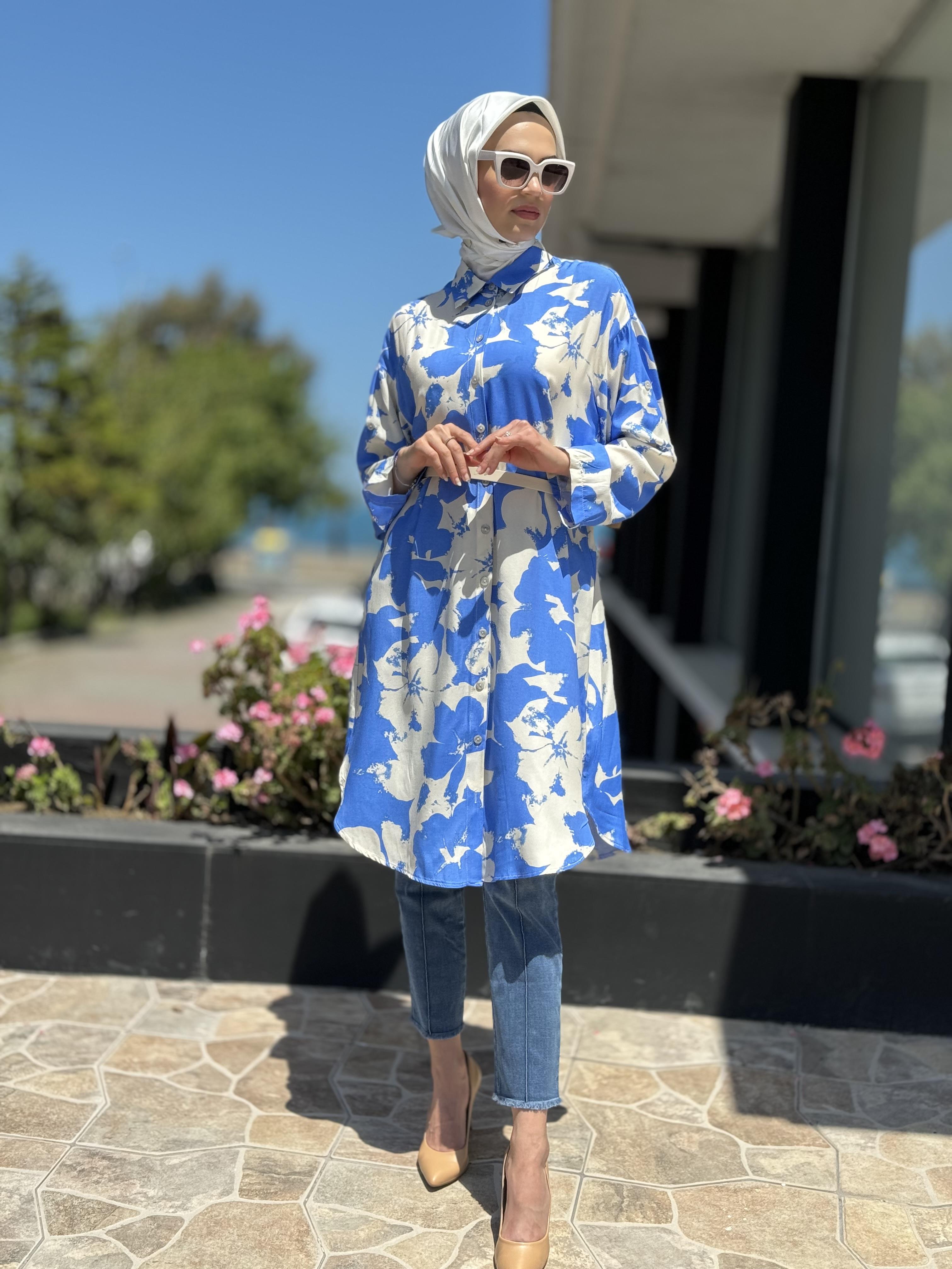 Almarwah Desenli Maxi Gömlek 101968 MAVİ - 3