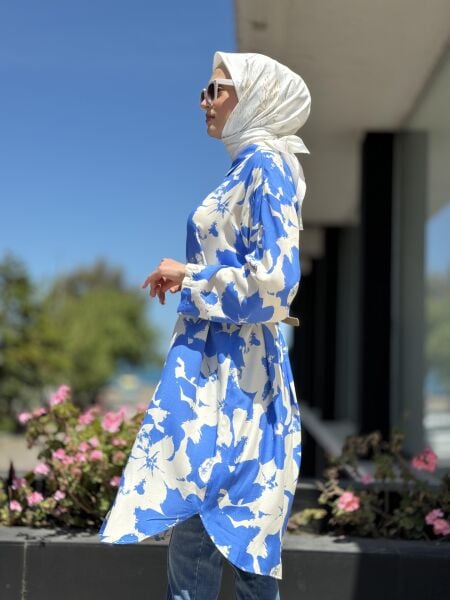 Almarwah Desenli Maxi Gömlek 101968 MAVİ - 3