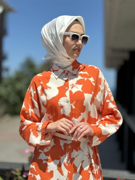 Almarwah Desenli Maxi Gömlek 101968 ORANJ - 1