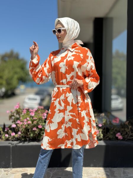 Almarwah Desenli Maxi Gömlek 101968 ORANJ - 1