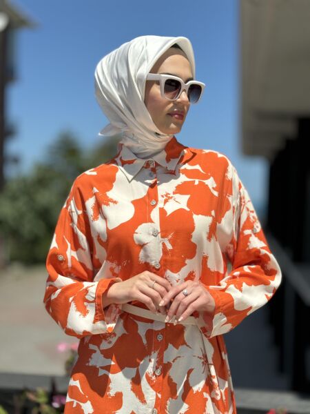 Almarwah Desenli Maxi Gömlek 101968 ORANJ - 2