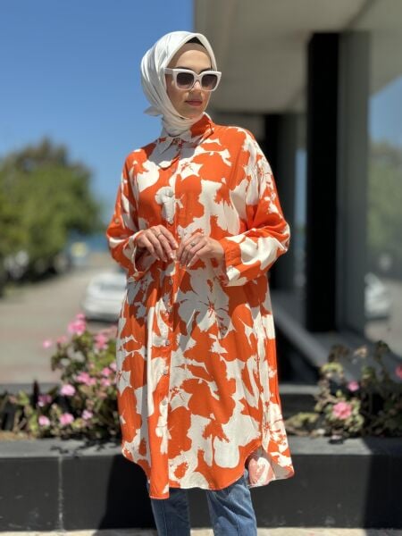 Almarwah Desenli Maxi Gömlek 101968 ORANJ - 3