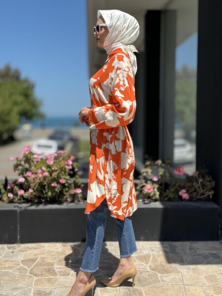 Almarwah Desenli Maxi Gömlek 101968 ORANJ - 3
