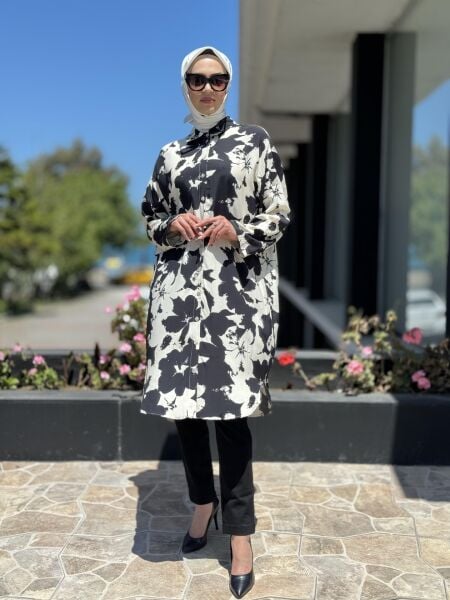 Almarwah Desenli Maxi Gömlek 101968 SİYAH - 1