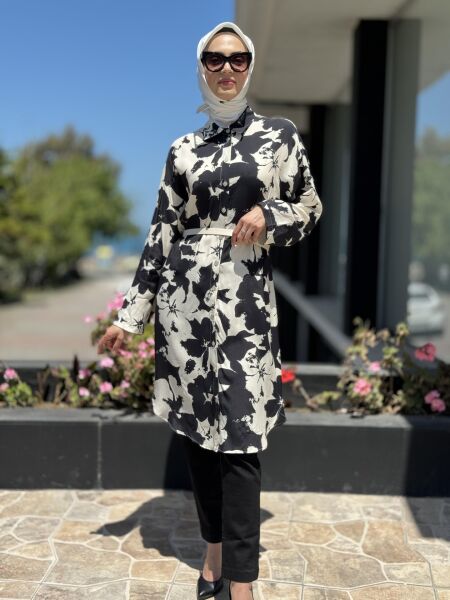 Almarwah Desenli Maxi Gömlek 101968 SİYAH - 2