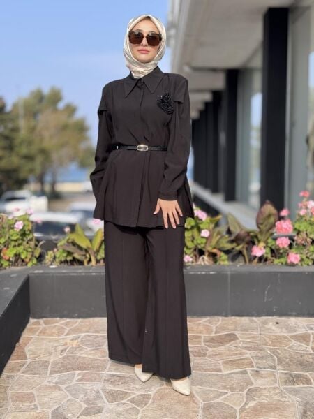 Vuu Dokulu Kuplu Peplum Gömlek Palazzo Pantolon Takım