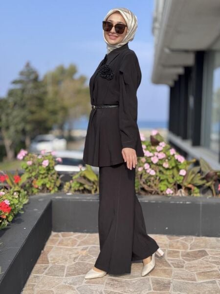 Vuu Dokulu Kuplu Peplum Gömlek Palazzo Pantolon Takım