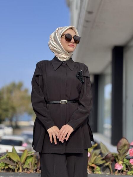 Vuu Dokulu Kuplu Peplum Gömlek Palazzo Pantolon Takım