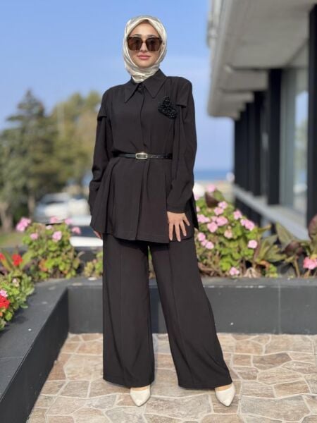 Vuu Dokulu Kuplu Peplum Gömlek Palazzo Pantolon Takım