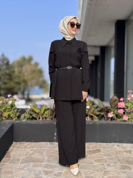 Vuu Dokulu Kuplu Peplum Gömlek Palazzo Pantolon Takım