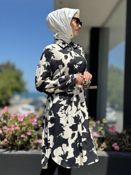 Almarwah Desenli Maxi Gömlek 101968 SİYAH - 3