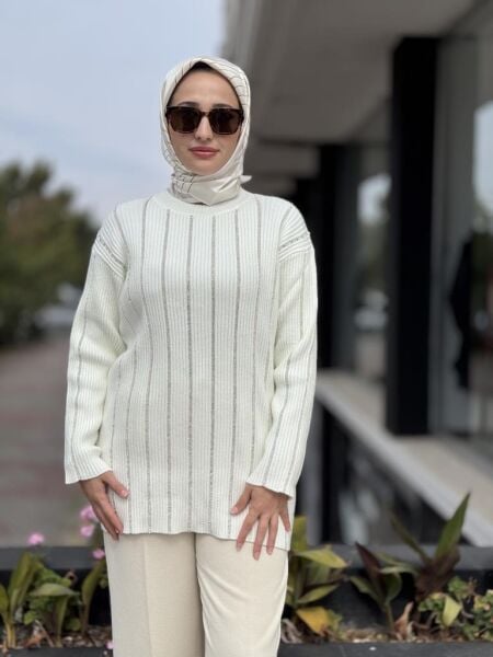 Tığ Triko Şerit Taş Yapıştırmalı Fitilli Tunik TNK21799