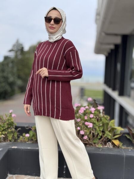 Tığ Triko Şerit Taş Yapıştırmalı Fitilli Tunik TNK21799