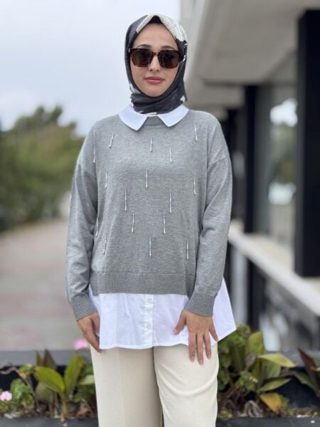 Tığ Triko Boncuk İşlemeli Gömlek Detaylı Tunik TNK21704