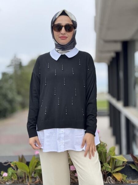 Tığ Triko Boncuk İşlemeli Gömlek Detaylı Tunik TNK21704