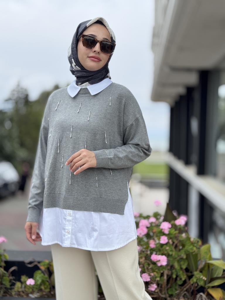 Tığ Triko Boncuk İşlemeli Gömlek Detaylı Tunik TNK21704