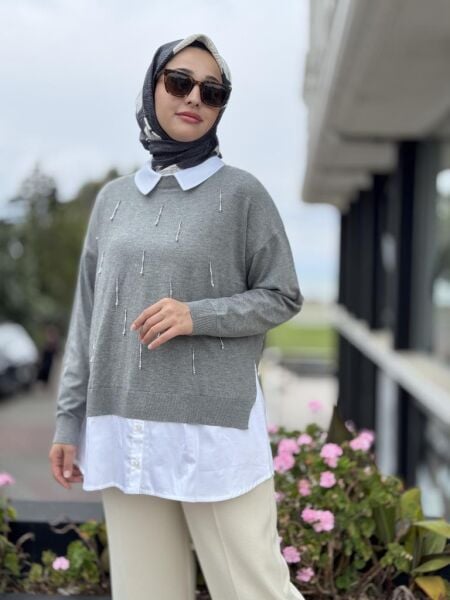 Tığ Triko Boncuk İşlemeli Gömlek Detaylı Tunik TNK21704