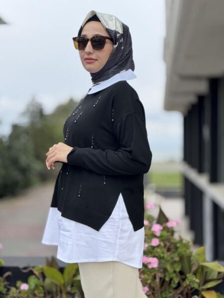 Tığ Triko Boncuk İşlemeli Gömlek Detaylı Tunik TNK21704