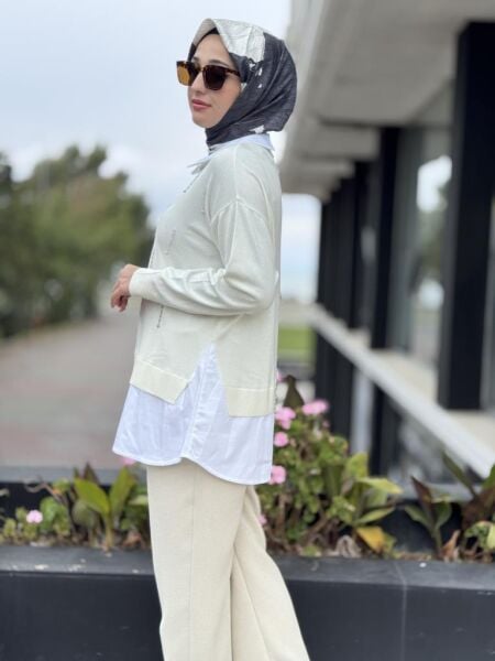 Tığ Triko Boncuk İşlemeli Gömlek Detaylı Tunik TNK21704