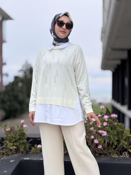 Tığ Triko Boncuk İşlemeli Gömlek Detaylı Tunik TNK21704