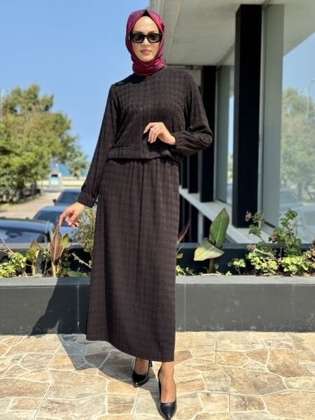 Almarwah Kazayağı Desenli Triko Fermuarlı Ceket Etek Takım 202665