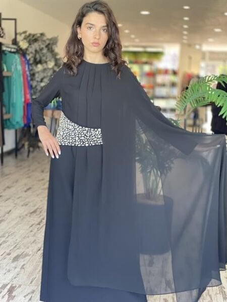 SENNA Jasmin Pelerinli Siyah Abiye Elbise 3076S23