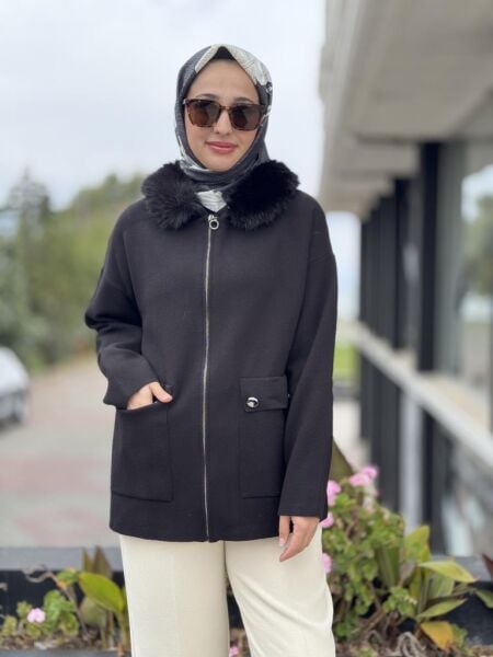 Tığ Triko Yakası Kürklü Triko Hırka HRK21705