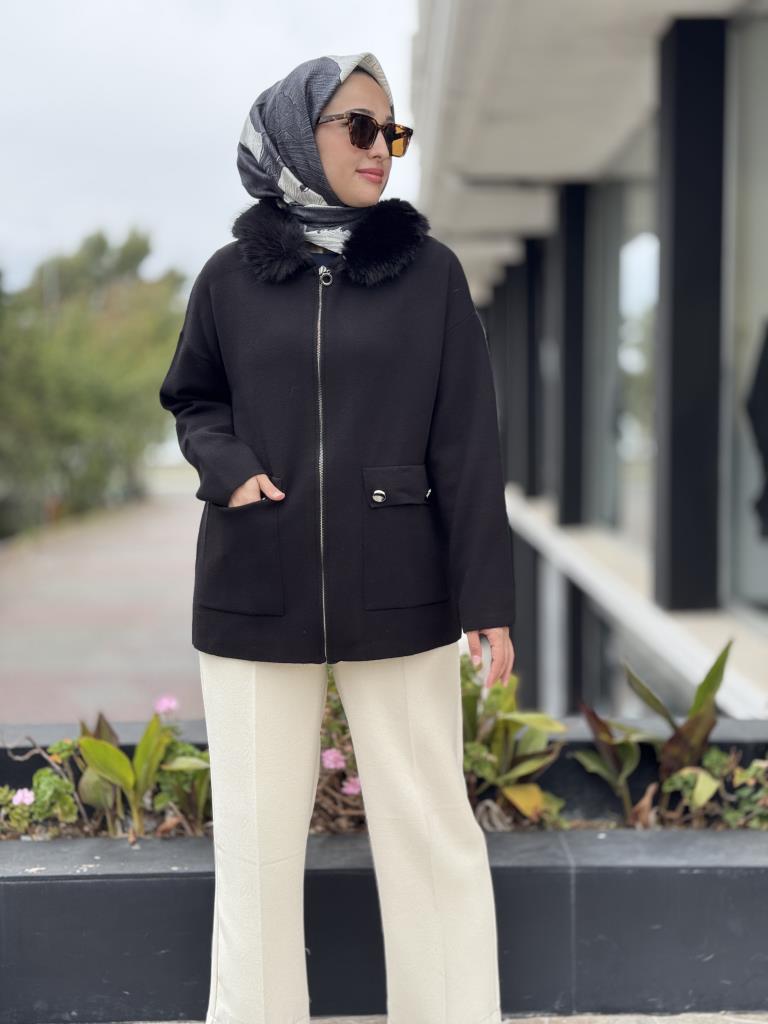 Tığ Triko Yakası Kürklü Triko Hırka HRK21705