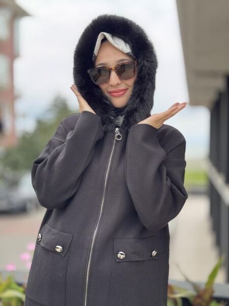 Tığ Triko Yakası Kürklü Triko Hırka HRK21705