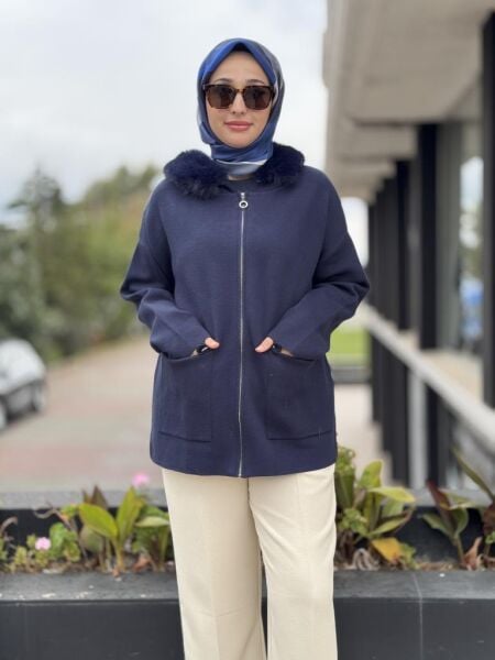 Tığ Triko Yakası Kürklü Triko Hırka HRK21705