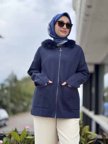 Tığ Triko Yakası Kürklü Triko Hırka HRK21705