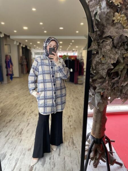 Tığ Triko Ekose Desenli Mink Kaban KBN21625