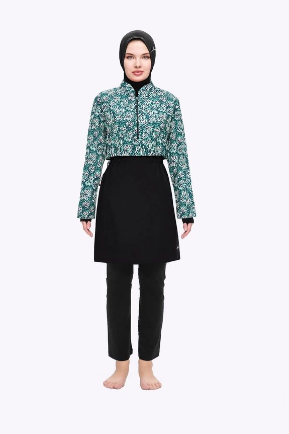 Haşema Esila Yeşil Çiçek Desenli 5 Parça Tam Tesettür Mayo Takımı 2934