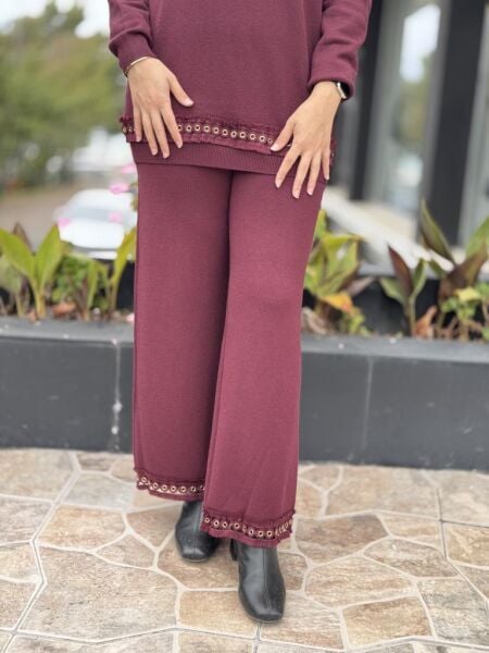 Tığ Triko Kuş Gözü Aksesurarlı Pantolonlu Triko Takım TKM22011