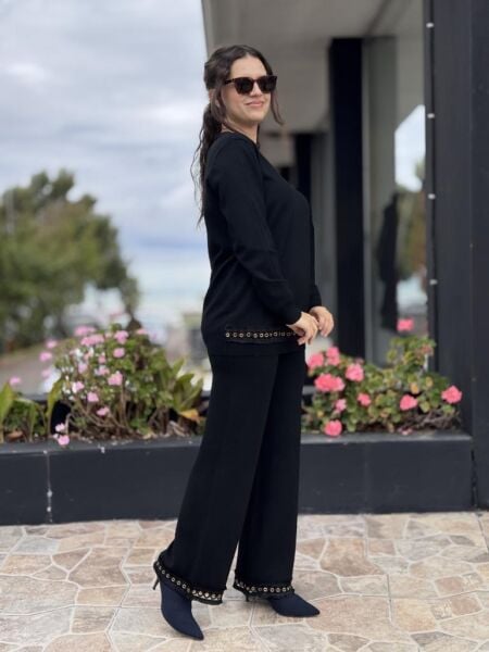 Tığ Triko Kuş Gözü Aksesurarlı Pantolonlu Triko Takım TKM22011