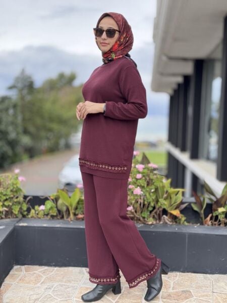 Tığ Triko Kuş Gözü Aksesurarlı Pantolonlu Triko Takım TKM22011